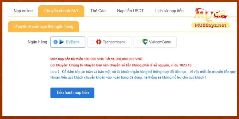 Nạp tiền miễn phí 100% tại MU88