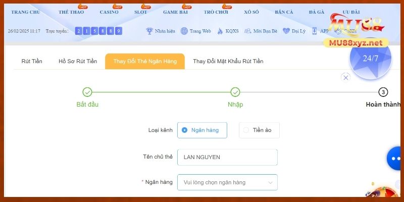 Rút tiền MU88 qua ngân hàng
